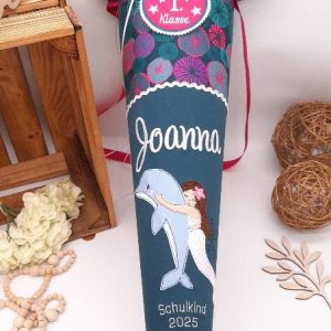 Schultüte Marmaid / Meerjungfrau mit Delfin, u.a. passend zum Ergobag Korallbär, Zuckertüte aus Stoff