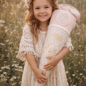 Schultüte Einhorn, Stoffschultüte Beige, Gold und Glitzer, Schultüte personalisiert