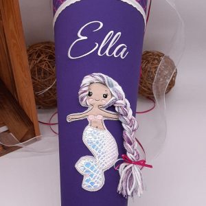 Schultüte Meerjungfrau, passend zum Ergobag Perlentauchbär, Meerjungfrau Schultüte mit 3D Haaren bestickt